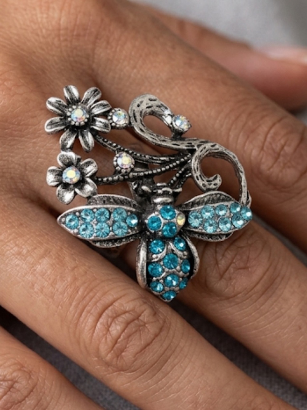 Silver-Tone Floral Ring with Aqua Crystal Accents
